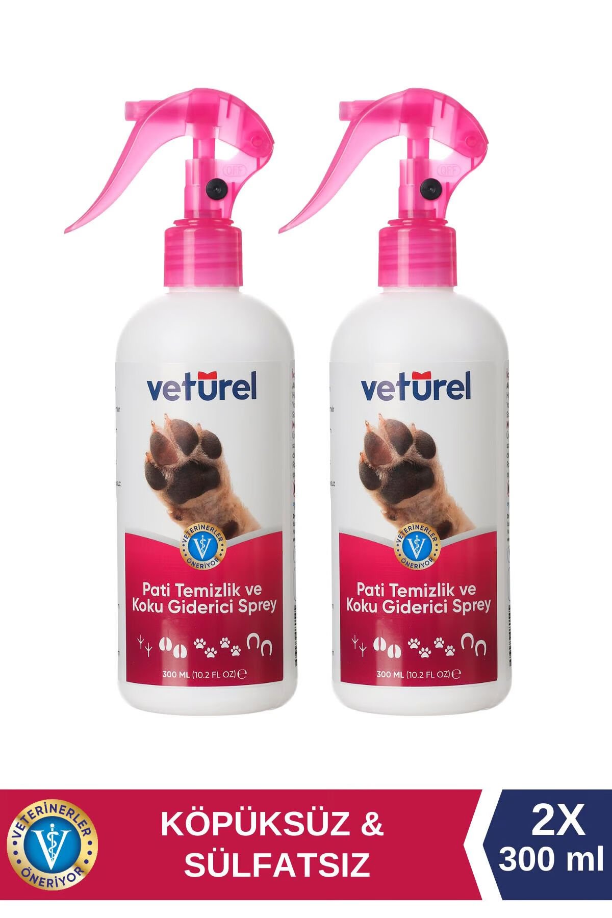 Veturel Pati Temizlik ve Koku Giderici Sprey 2x300ml Köpüksüz Kedi Pati Temizleme Köpek Tüy Bakım