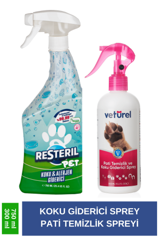 Pet Antibakteriyel Hipoalerjenik Hijyen Spreyi 750mL ve Pati Tüy Temizlik ve Koku Giderici 300mL Set