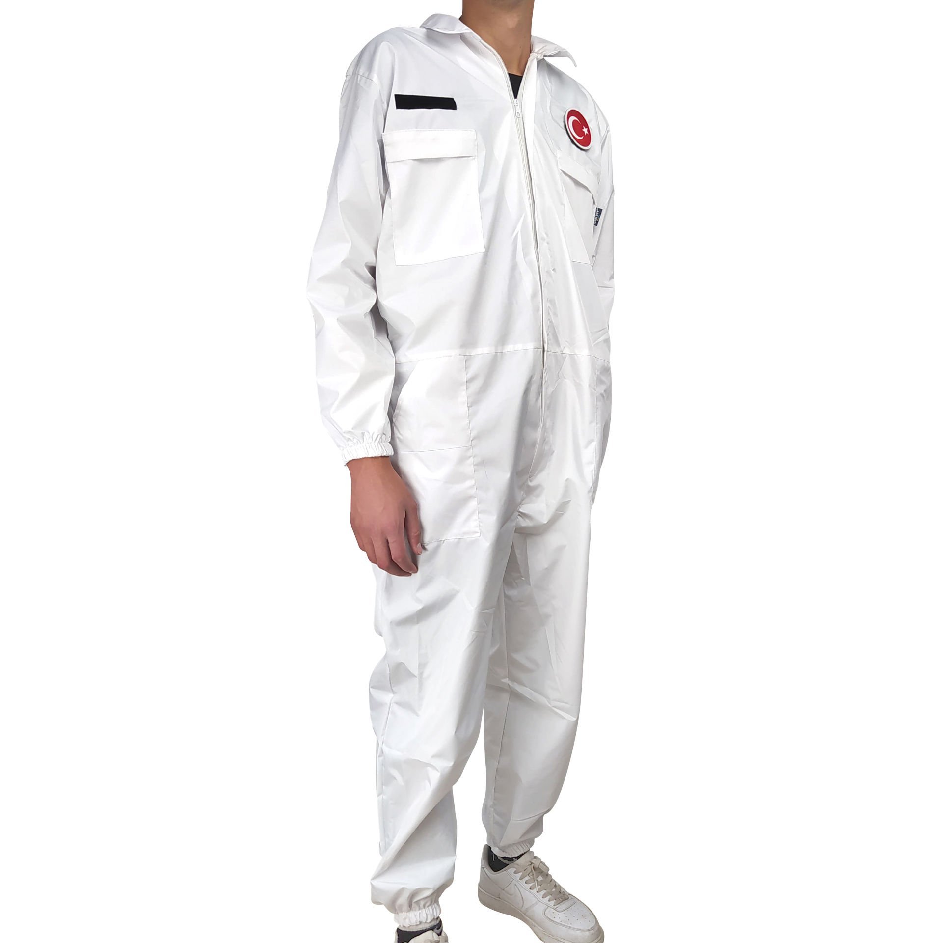 Beyaz Lamineli Su ve Rüzgar Geçirmez Kapşonlu Tulum (Unisex)